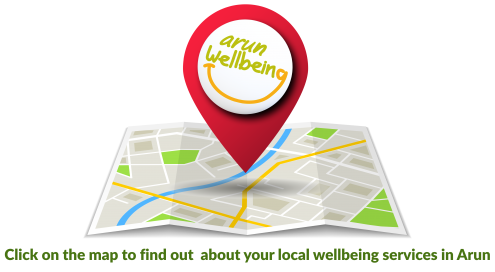 Image of map with a location pin with the words 'Click on the map to find out about your local wellbeing services in Aaron'